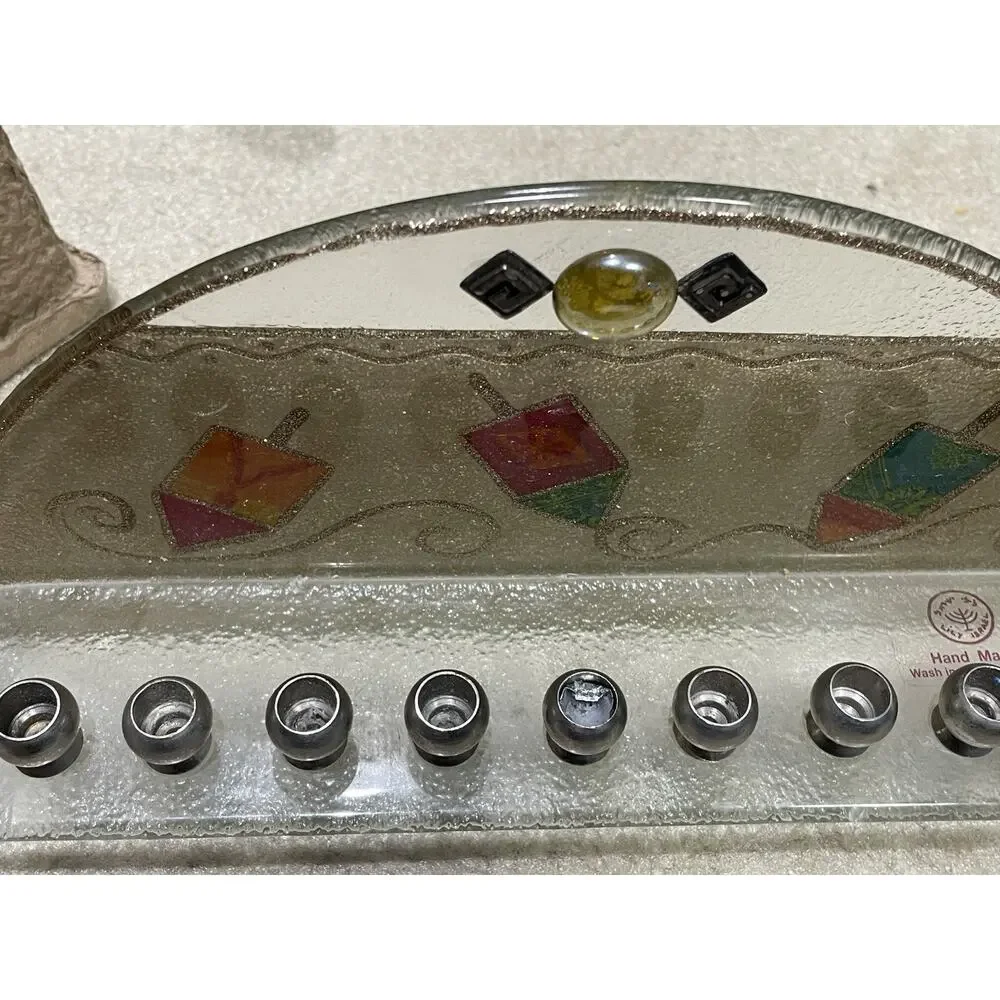 Handmade Stained Glass Judaica Menorah Lily‎ Design Israel Dreidel Art 14”x5.5